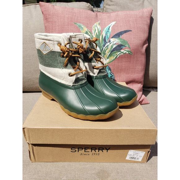 Sperry Womens Saltwater Varsity Stripe Wool Boots Green Size 6.5 - Picture 1 of 9